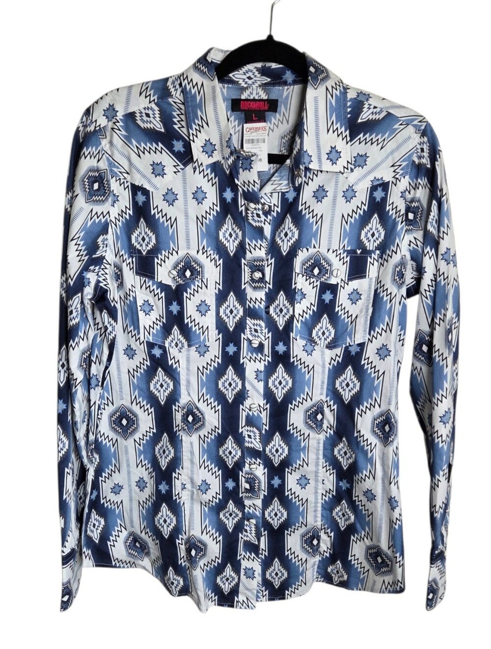 Rock & Roll Blue Aztec Pearl Snap Button Down Long Sleeve Top Size Junior Large